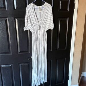 Free People Striped V-Neck Maxi Dress in White and Gray